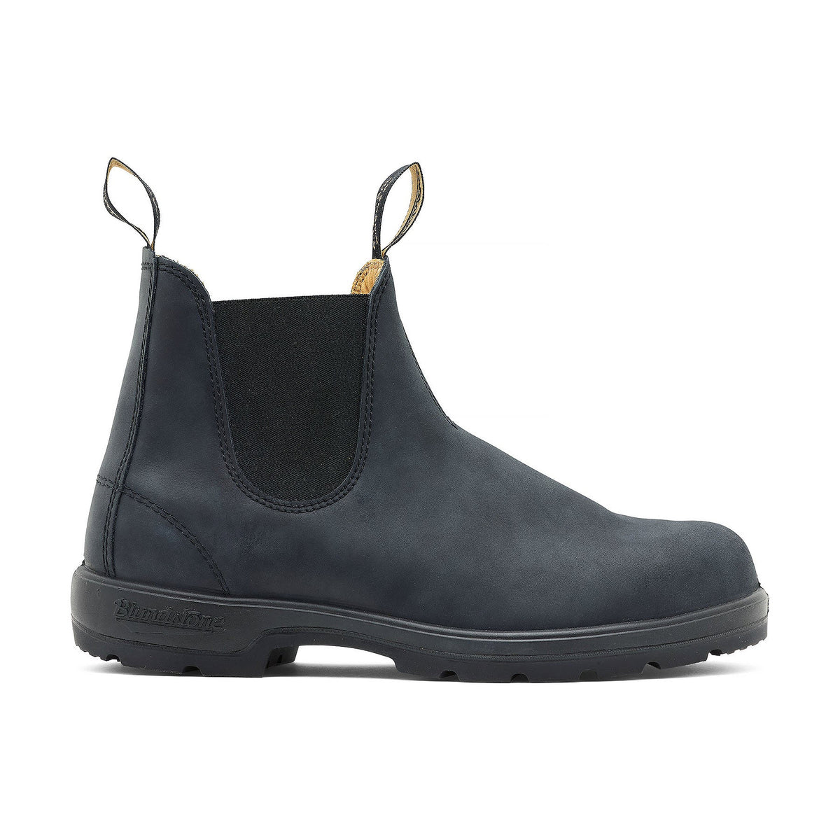 Blundstone Rustic Black Leather Chelsea boot with pull tabs and a thermo-urethane outsole.