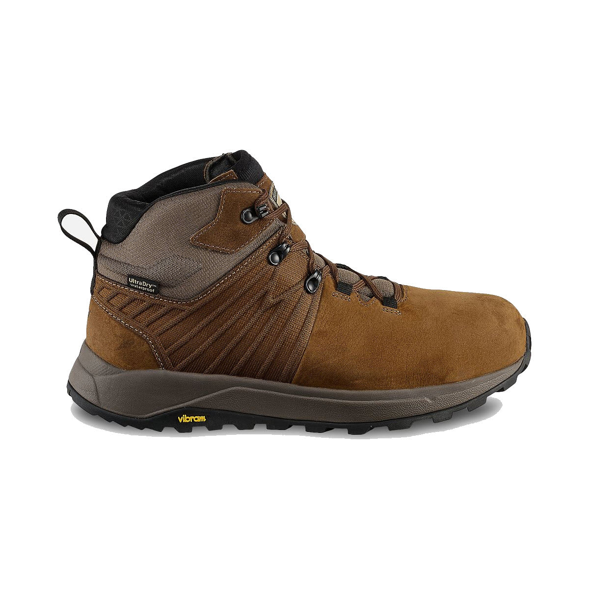 A single brown Irish Setter Cascade 5 inch safety toe work boot with black accents and a Vibram® Bayu sole, isolated on a white background.