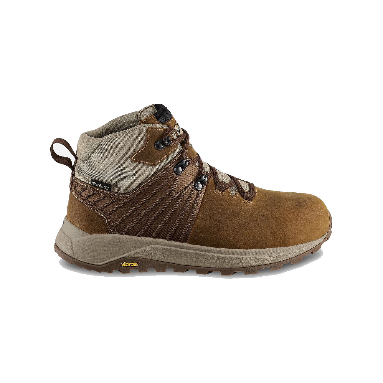 A single Irish Setter Cascade hiking boot in brown and beige with a Vibram® Bayu sole, side view on a white background.