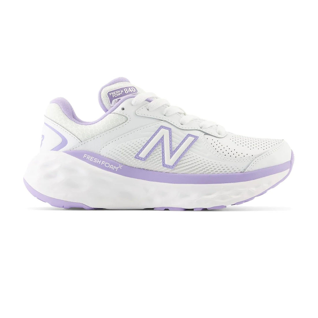 White and purple New Balance Fresh Foam X 840F running shoe with a Fresh Foam X midsole, displayed in a side view on a plain background.