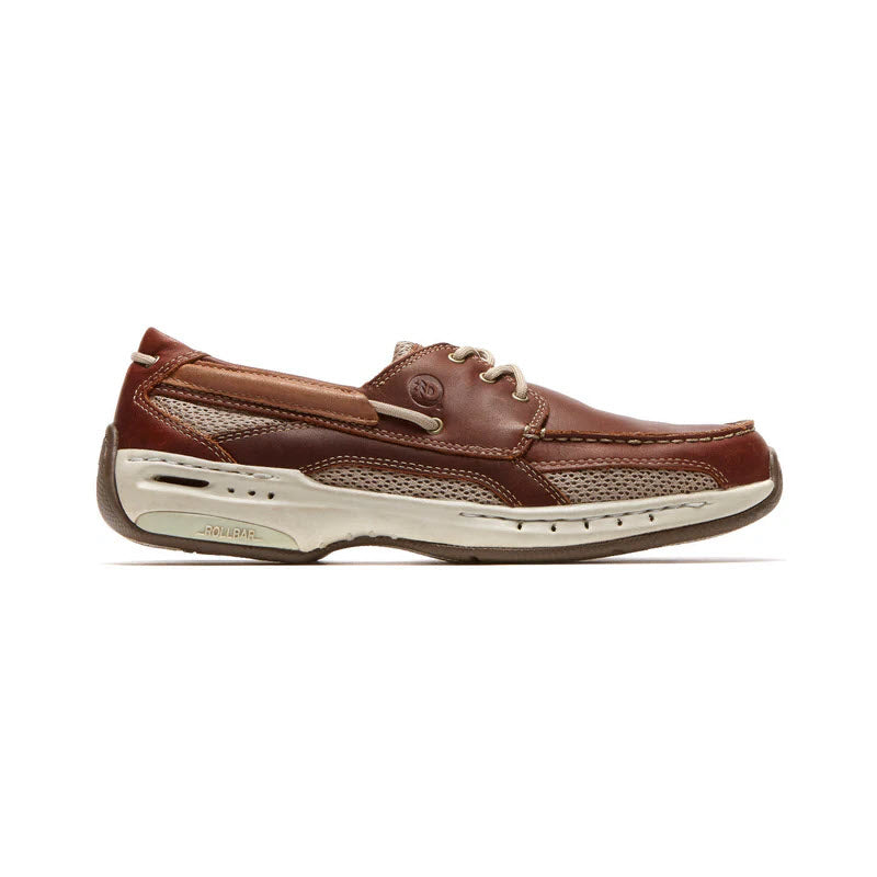 Dunham men's Captain 3 Eye brown full-grain leather boat shoe with white slip-resistant soles, displaying a side profile on a white background.