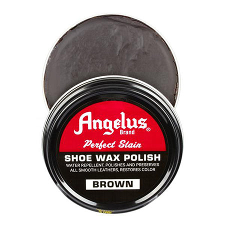 Top view of an open container of Angelus Shoe Paste Brown, showing the leather care product inside the tin by Angelus.