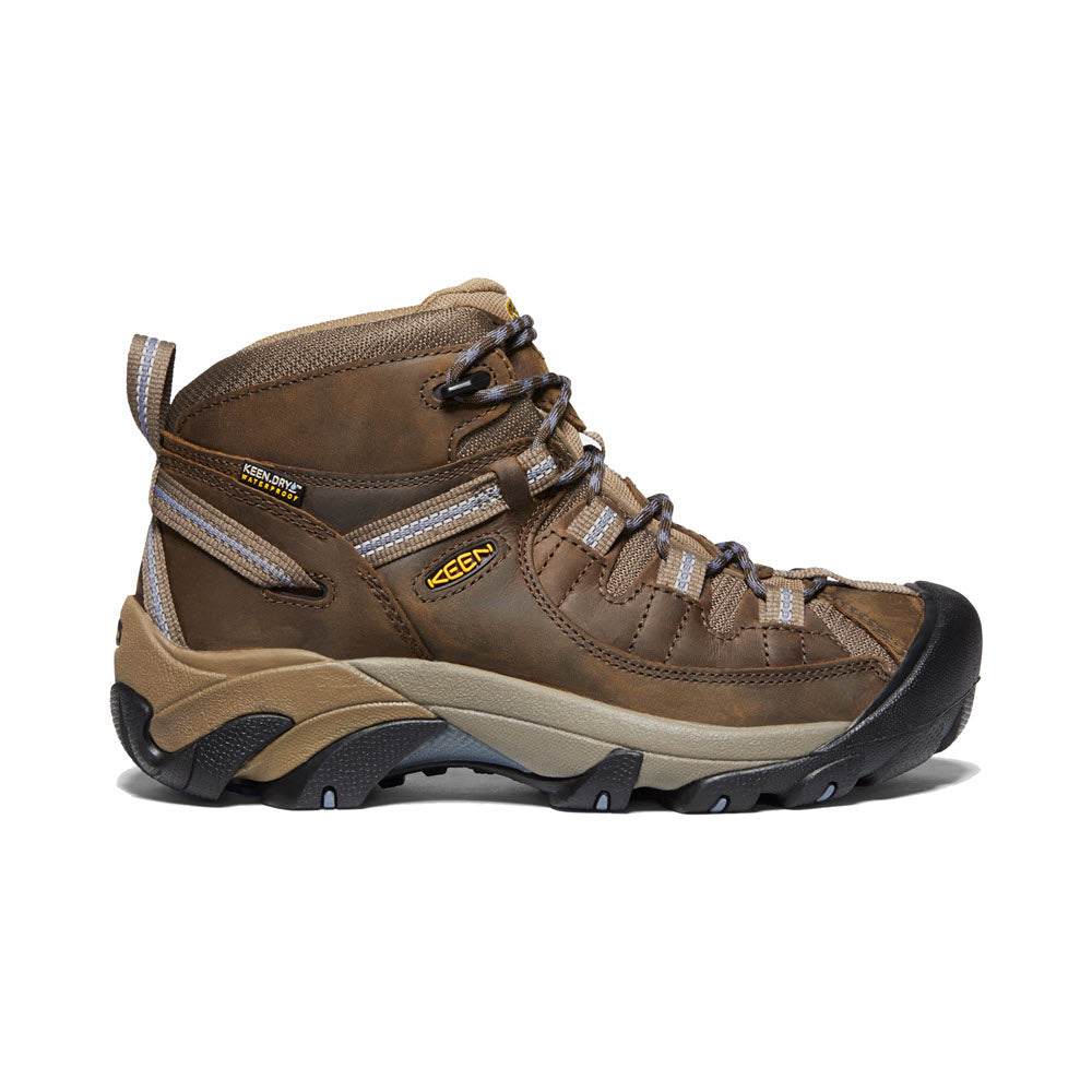 A single brown Keen Targhee II Mid WP Slate Black/Flintstone women's hiking boot with black and gray accents, displayed against a white background.