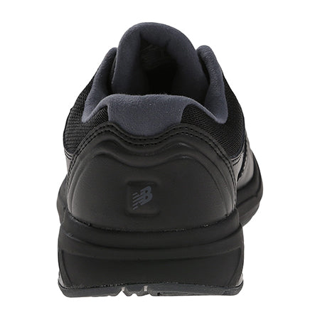 Rear view of a black New Balance WW813BK walking shoe showing the logo and curved heel design.