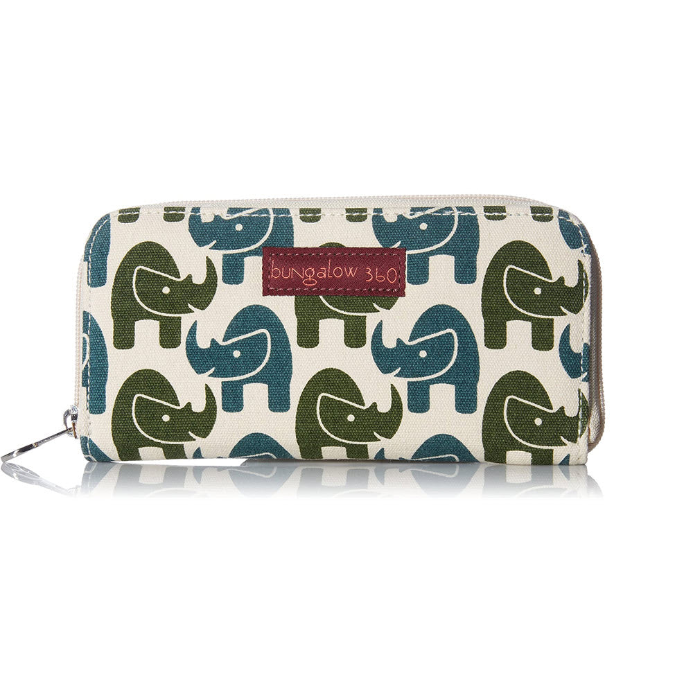 Vegan cotton canvas wallet with a blue and green elephant print and a &quot;Bungalow 360&quot; logo on a red tab. 
BUNGALOW 360 ZIP AROUND WALLET RHINOS by Bungalow 360