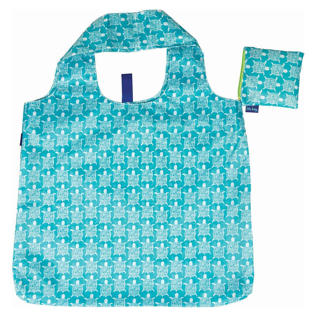 An eco-friendly reusable shopping bag in turquoise with a pattern of small green elephants, featuring a built-in pouch and a tag labeled "Rockflowerpaper" on the side.