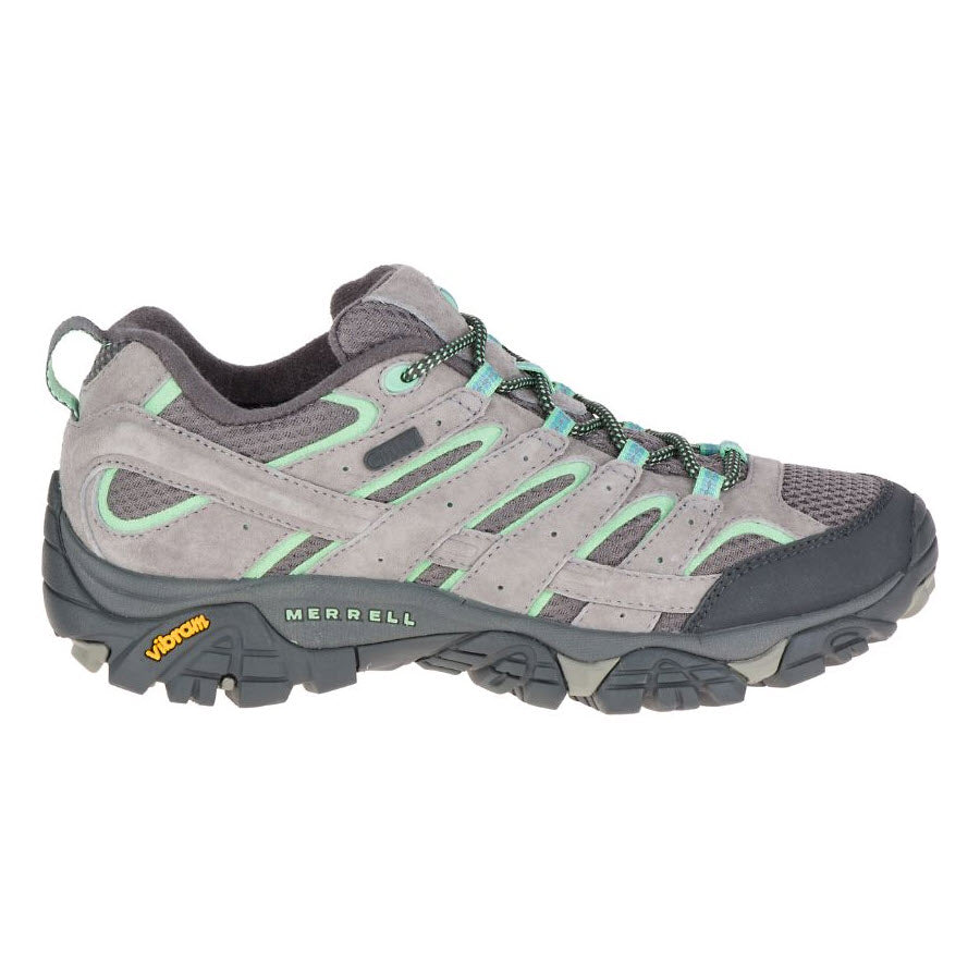 A Merrell Merrell Moab 2 WP Drizzle/Mint hiking shoe with gray and green details, featuring a Vibram traction sole and lace-up front.