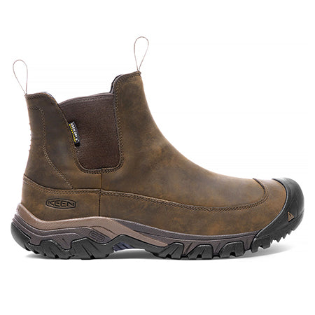 A brown leather Keen Anchorage III WP work boot with a slip-on design, featuring pull loops on the front and back, and a thick rubber sole enhanced with a waterproof breathable membrane.