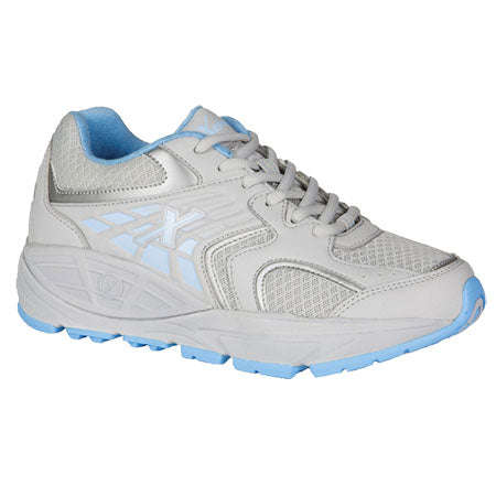White and grey Xelero Matrix One Silver/Blue with light blue accents and a blue sole, featuring a mesh upper and a distinctive logo on the side.