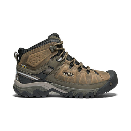 A single brown and gray Keen Targhee III Mid hiking boot with reinforced toe, designed by Keen, displayed against a white background.