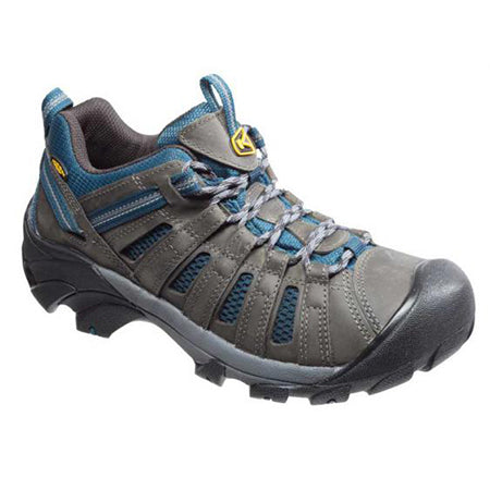A single gray and blue Keen Voyageur Alcatraz/Legion Blue trail shoe with rugged soles and blue laces, displayed against a white background.