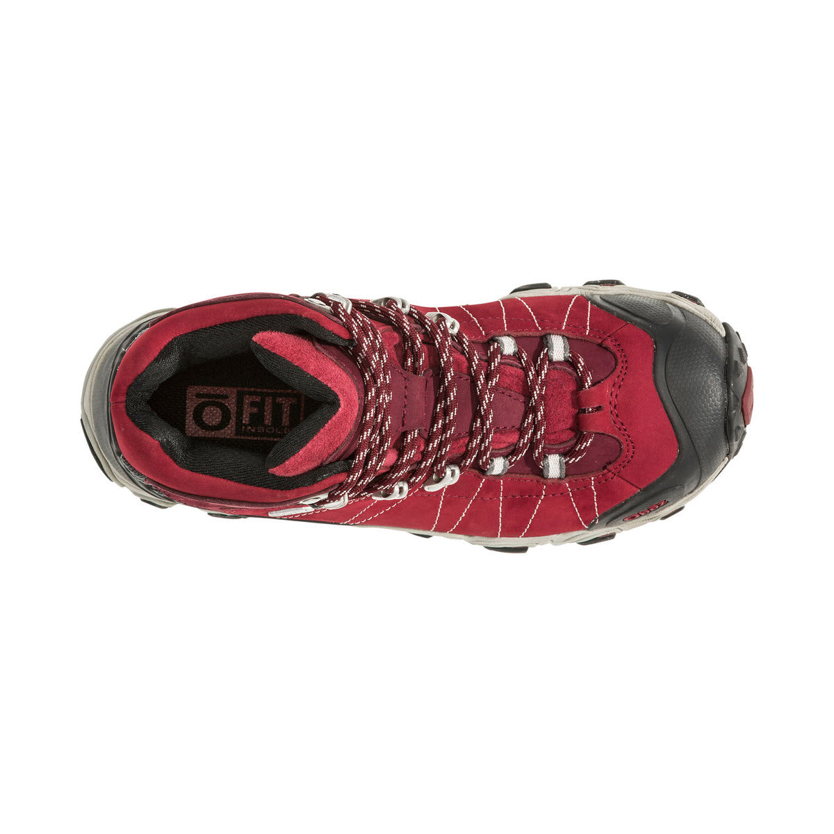 Top view of a OBOZ BRIDGER MID BDRY RIO RED - WOMENS hiking shoe with laced-up detail, displaying inner sole branding and featuring B-DRY waterproofing.