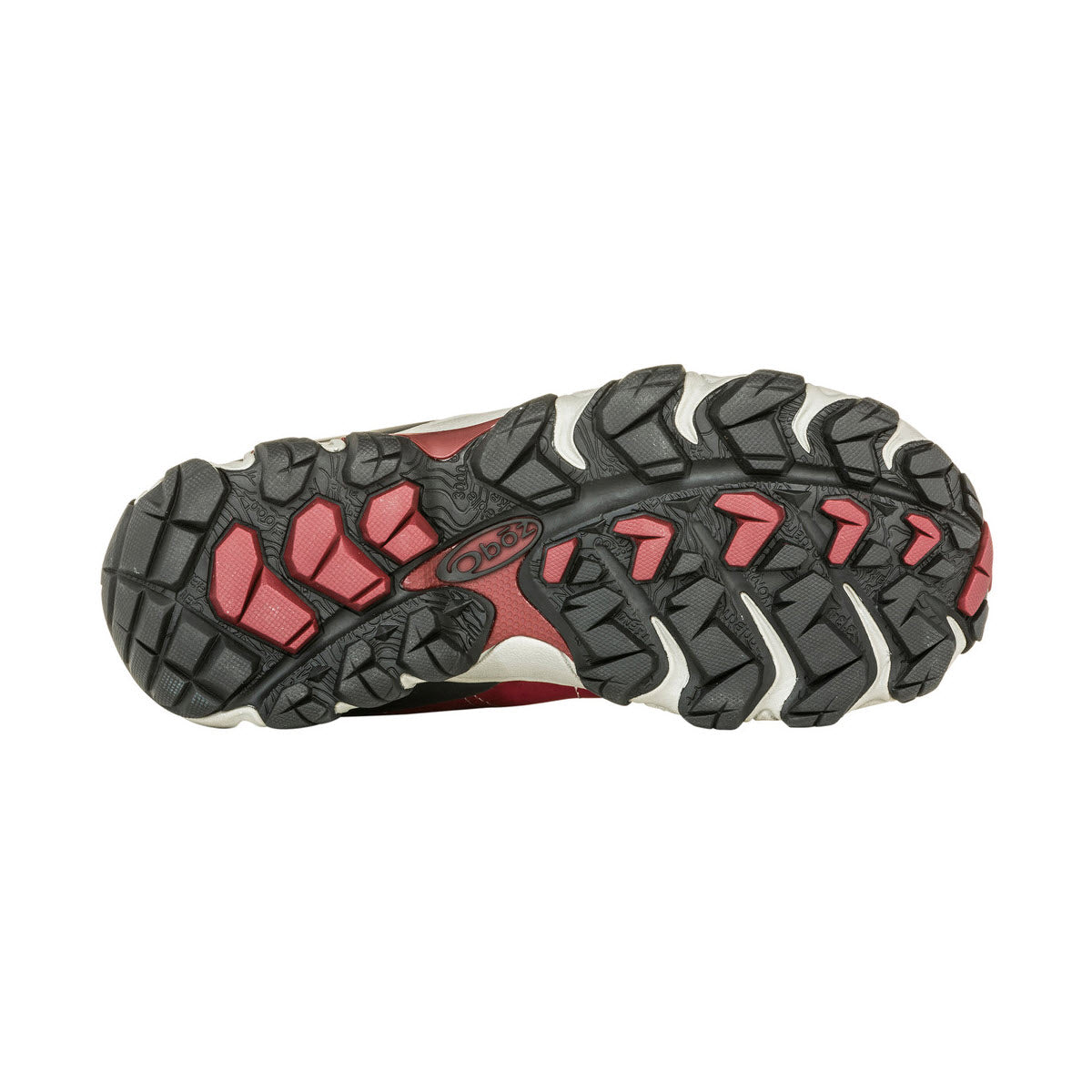 Sole of an OBOZ BRIDGER MID BDRY RIO RED - WOMENS hiking boot featuring a red, black, and grey tread pattern with visible Oboz logo and B-DRY waterproofing.