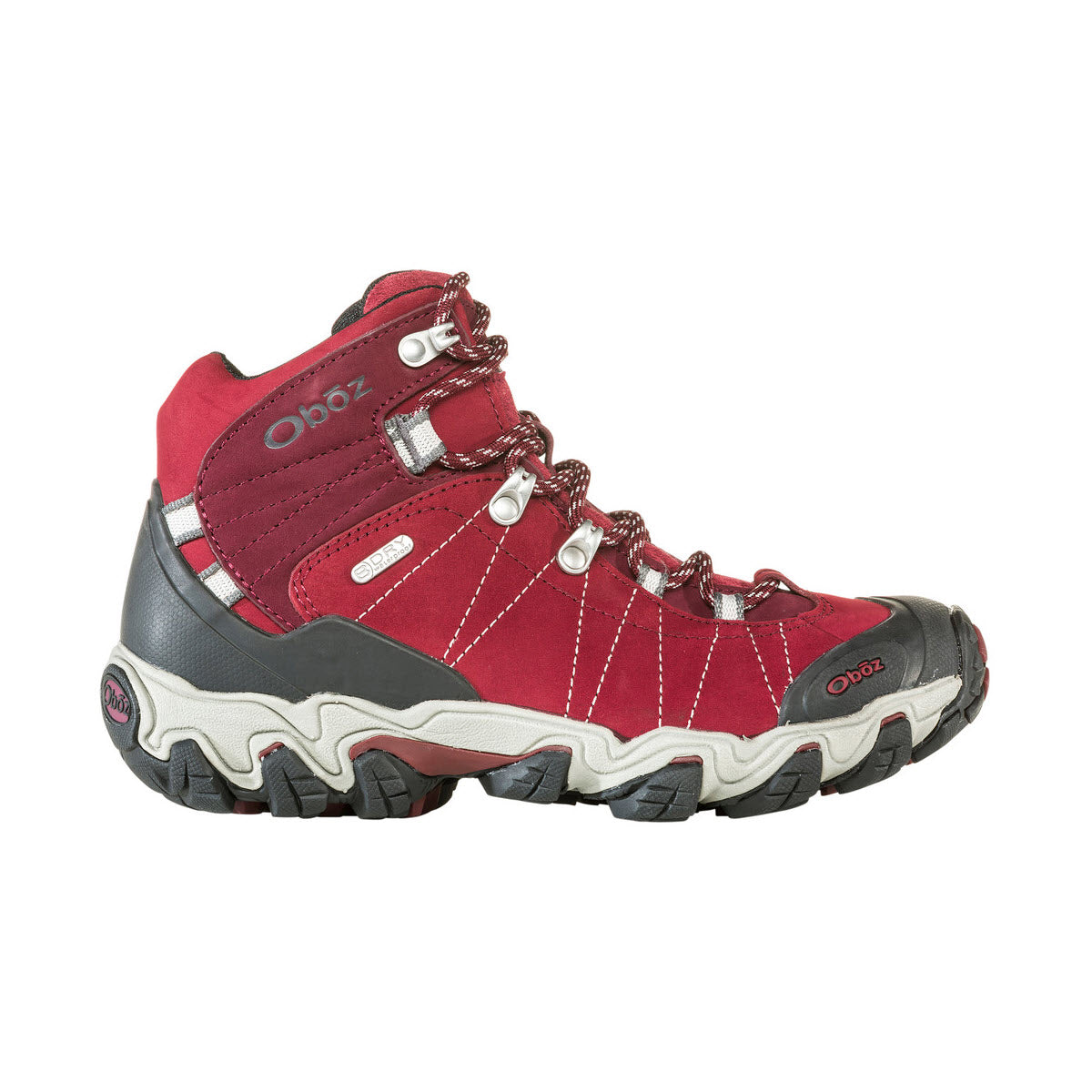 A single red Oboz Bridger Mid BDRY Rio Red hiking boot with gray and black accents, featuring a high ankle, lace-up design, B-DRY waterproofing, and rugged sole.