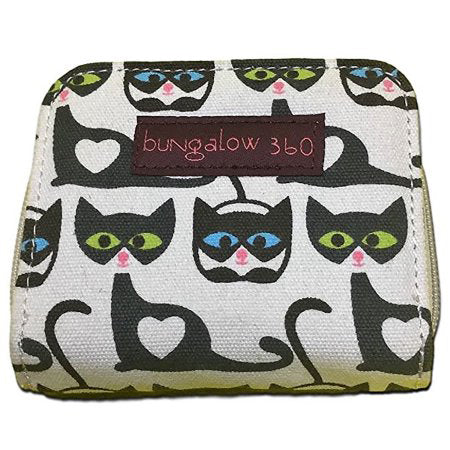 A small cotton canvas Bungalow 360 billfold wallet featuring a pattern of stylized black and white cat faces, labeled with the brown "bungalow 360" brand tag.