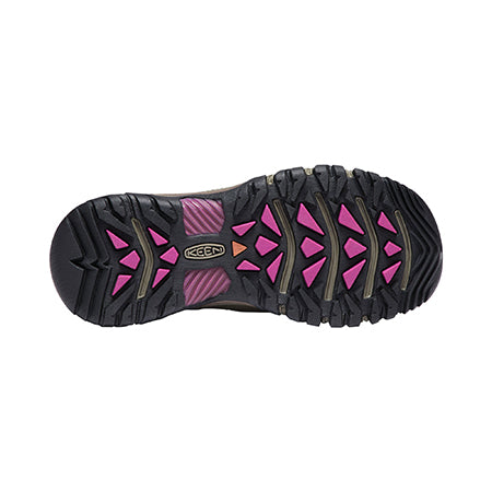Sole of a Keen Targhee III Weiss/Boysenberry waterproof hiking boot featuring a black tread pattern with pink triangular accents, displaying the Keen logo.