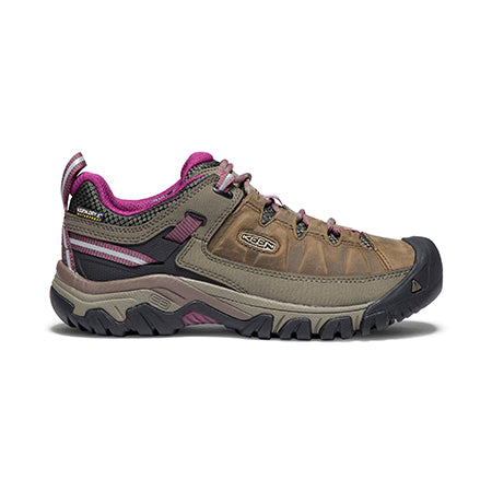 A single Keen Targhee III Weiss/Boysenberry waterproof hiking shoe with a gray and pink design, featuring a rubber sole and secure lacing, isolated on a white background.