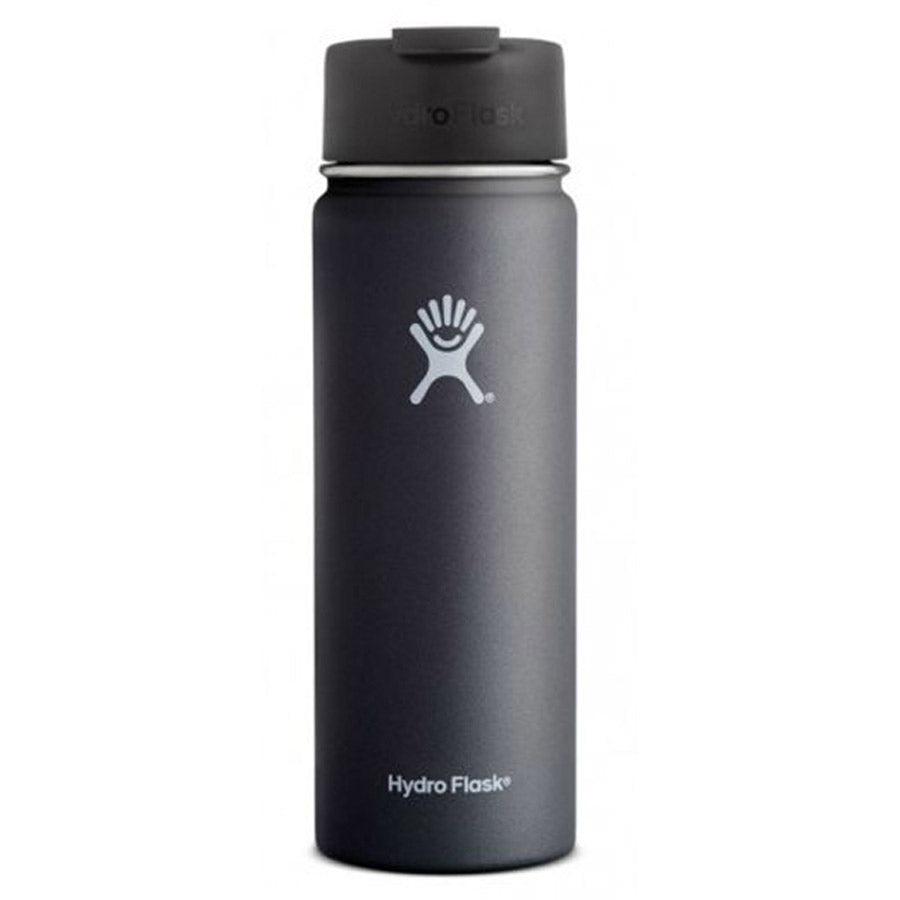 A black Hydro Flask 20oz Wide Mouth Flex Sip Lid bottle with a white logo on a gray background.