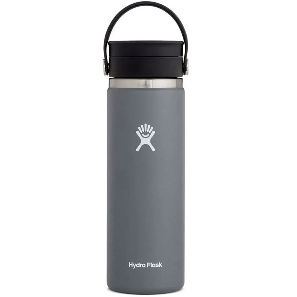 A gray Hydro Flask 20oz wide mouth stainless steel water bottle with a black flex sip lid and the Hydro Flask logo on the front.