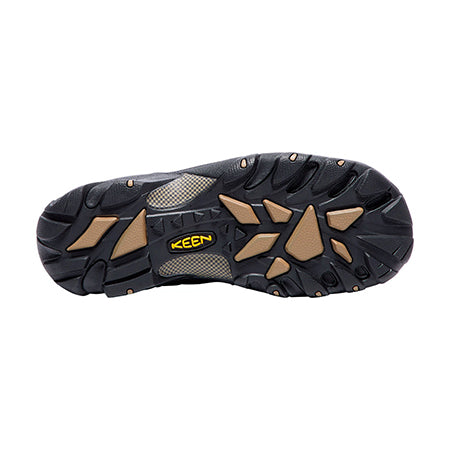 Sole of a Keen Pyrenees Syrup - Mens hiking shoe displaying black and tan tread pattern with multi-directional lugs and brand logo visible in center.