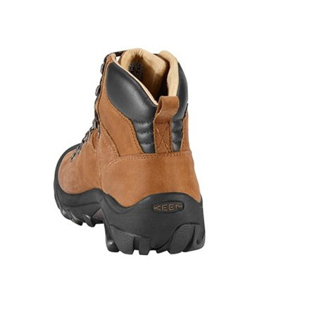 Pair of Keen Pyrenees Syrup - Mens hiking boots, focusing on the back and side view, featuring all-leather construction and black rubber soles.
