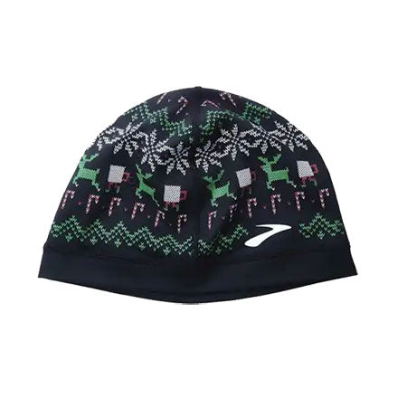 A Brooks ugly sweater beanie hat with snowflakes and tree designs in green and white, on a white background.