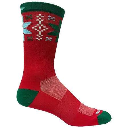 Brooks Holiday Pacesetter crew sock with a green toe, heel, and cuff featuring a white and blue snowflake design near the top.