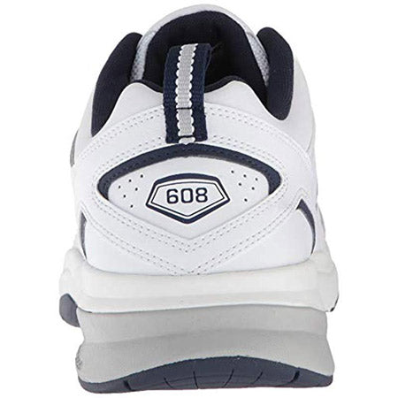 Rear view of a white and navy New Balance X608v5 cross-training shoe with the number &quot;608&quot; displayed on the heel tab.