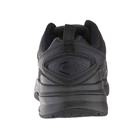 Rear view of a black New Balance X608V5 training shoe with a thick sole and an ABZORB heel crash pad.