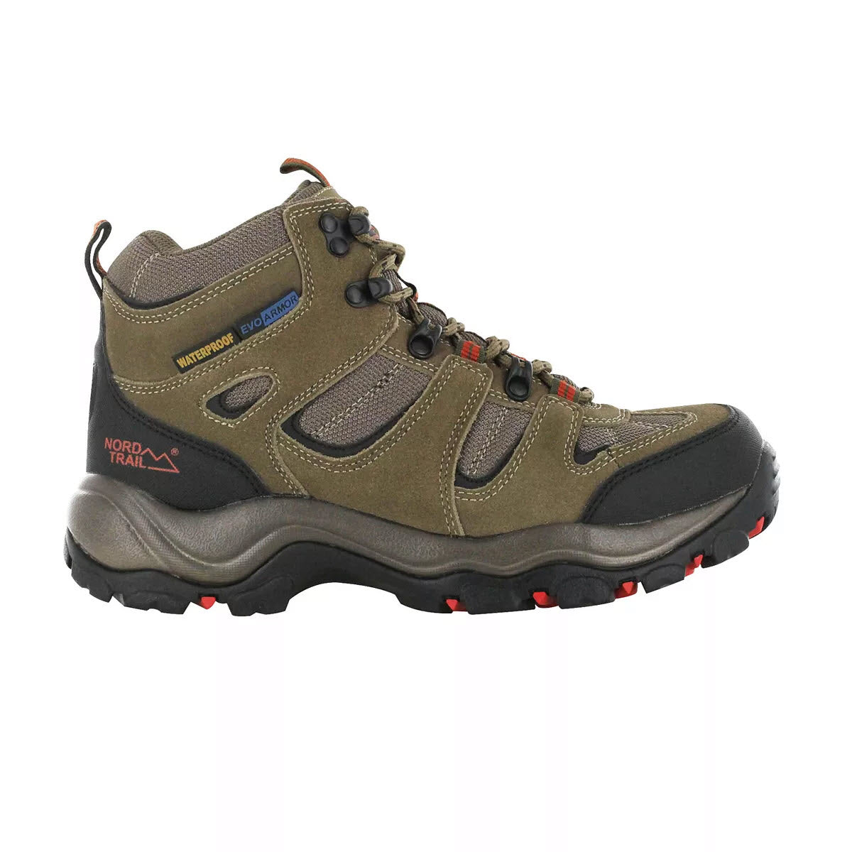 Men's olive green hiking boot with red detailing, labeled "waterproof" and "NORD TRAIL" on a white background.