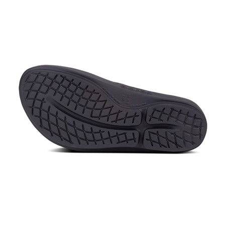 Black shoe sole with OOFOS OOLALA BLACK - WOMENS technology and grid pattern design, isolated on a white background.
