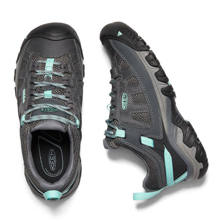 A pair of Keen Targhee Vent Grey/Ocean Wave women&#39;s hiking boots, viewed from above with one boot facing up and the other on its side.