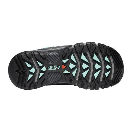 Bottom view of a black and gray Keen Targhee Vent Grey/Ocean Wave women&#39;s hiking boot with a tread pattern featuring turquoise accents, displaying the Keen logo.