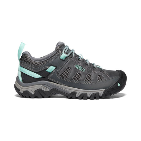 A Keen Targhee Vent Grey/Ocean Wave women&#39;s hiking boot with a rugged sole and breathable mesh lining, displayed on a white background.