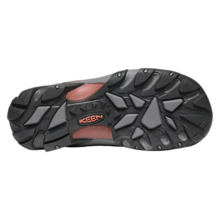 Bottom view of a Keen Targhee II Magnet/Coral - Womens shoe sole featuring a rugged, black tread design with red accents and KEEN.Dry waterproof breathable membrane.
