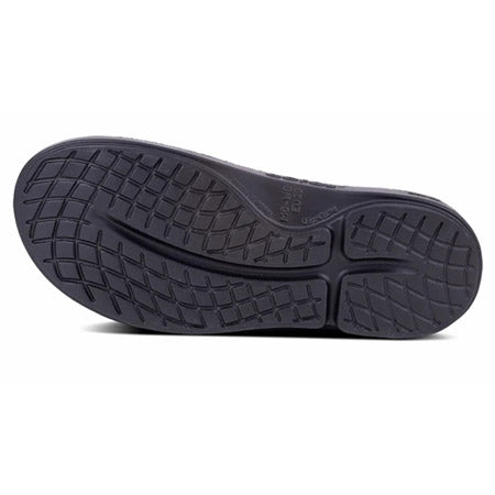 Black rubber sole of a Oofos Oocloog Matte Black women&#39;s slip-on shoe with a grid tread pattern on a white background.