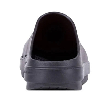 Rear view of a single Oofos Oocloog Matte Black - Women&#39;s slip-on shoe with a thick sole on a white background.