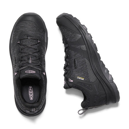 A pair of black Keen Terradora II women&#39;s hiking shoes with laces, viewed from above, on a plain white background.