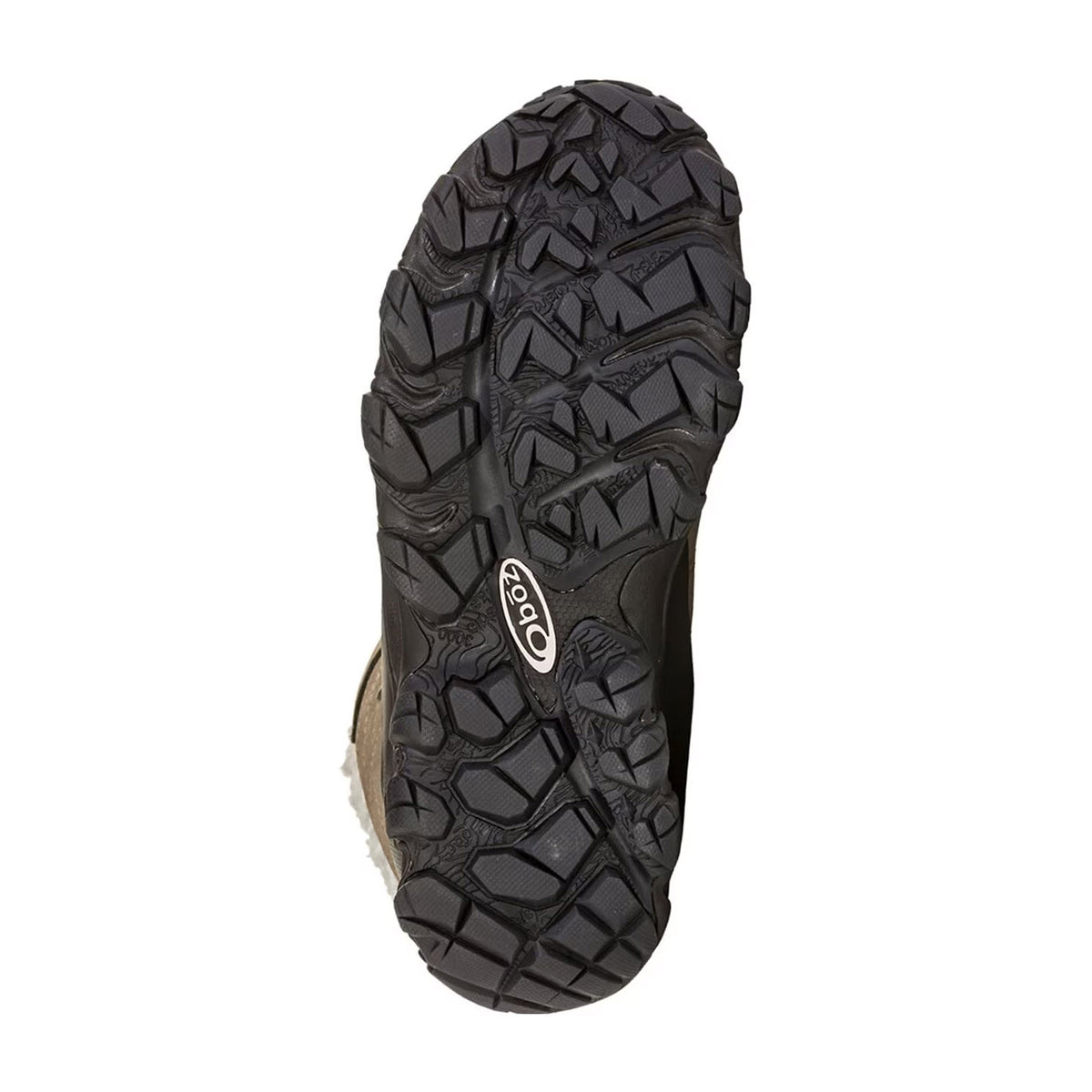 Bottom view of a black waterproof hiking boot showing its detailed tread pattern with the brand logo &quot;Oboz&quot; visible on the sole.