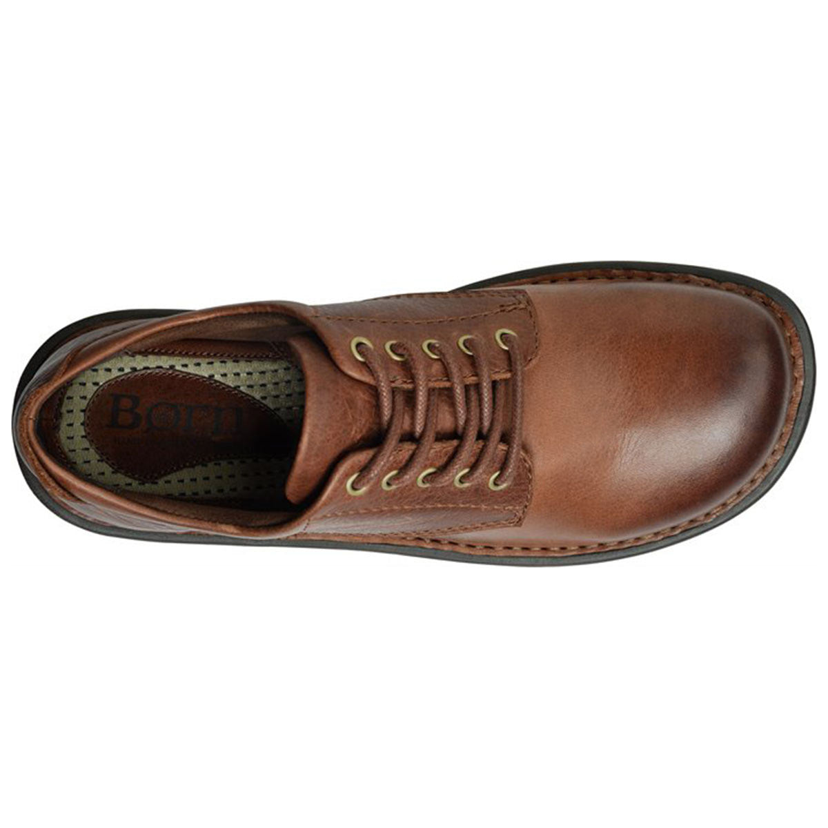 Top view of a brown full grain leather lace-up shoe with visible stitching and a patterned interior labeled &quot;BORN HUTCHINS III DARK TAN - MENS&quot; by Born.