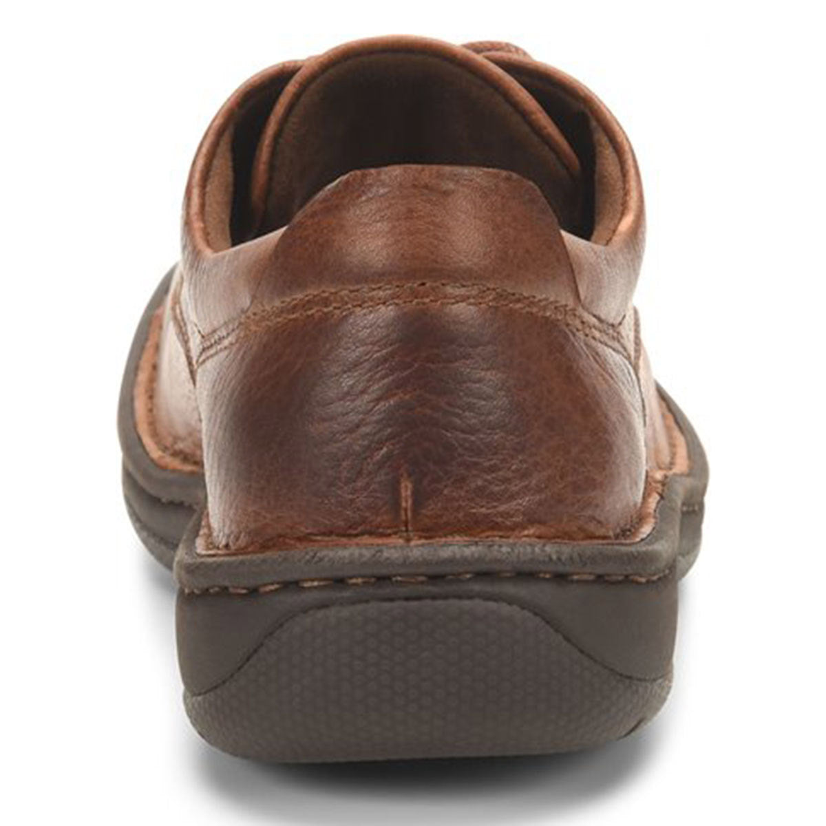 Rear view of a pair of Born Hutchins III Dark Tan full grain leather loafers with white stitching and rubber soles, isolated on a white background.