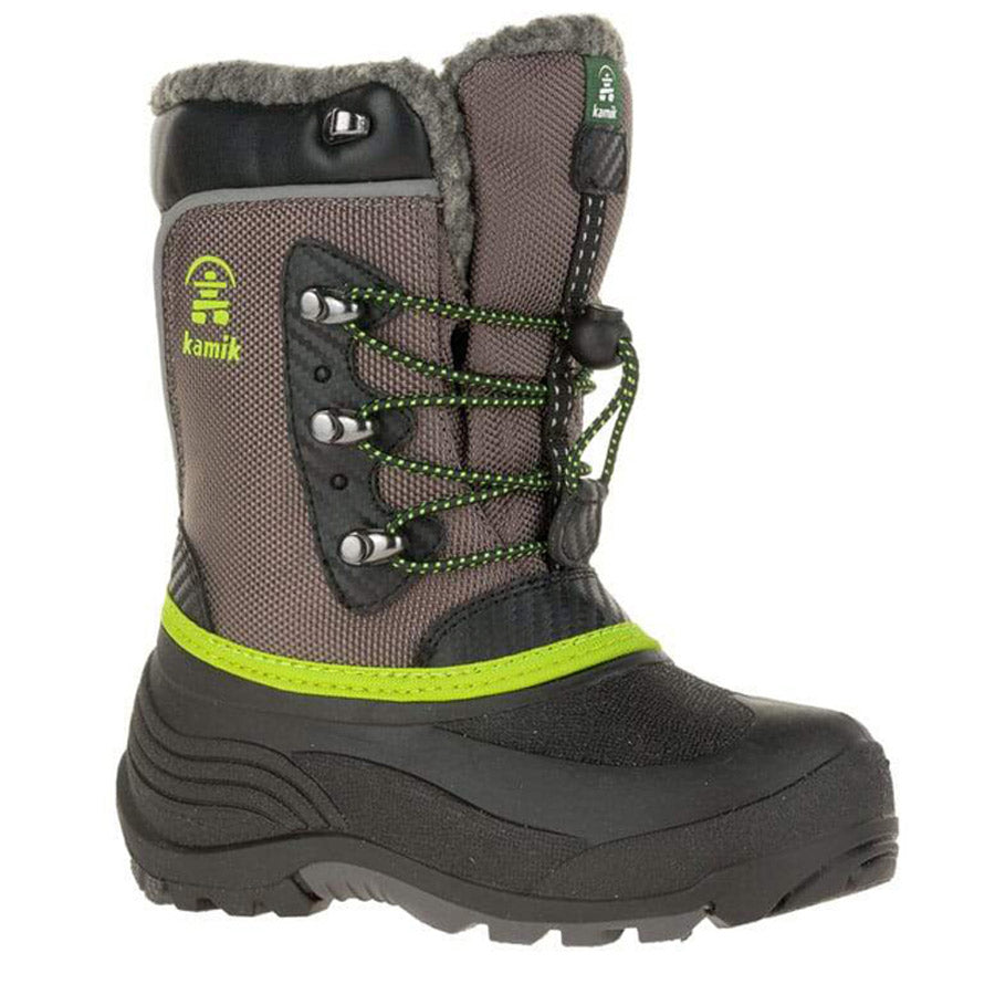 A Kamik brand boys' snow boot featuring a waterproof nylon upper, neon green accents, black rubber lower, and faux fur lining.