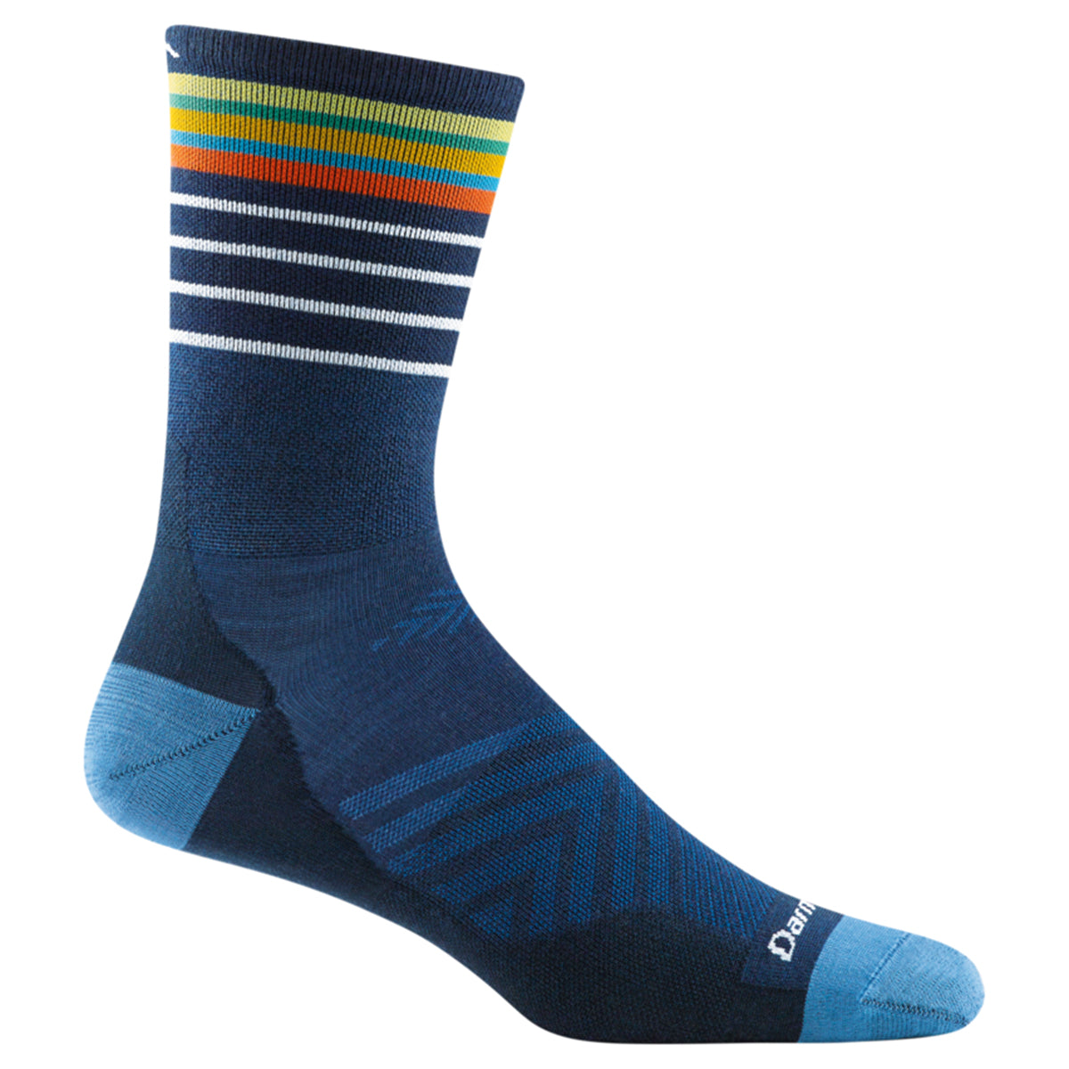 A single blue athletic Darn Tough Run Stride Micro Crew Ultra Lightweight sock with a colorful striped pattern at the top, designed to cover up to the lower calf.