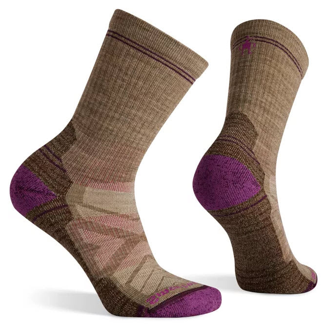 A pair of Smartwool Hike Light Crew Women's Fossil hiking socks designed with women's-specific fit, shown from different angles on a white background.