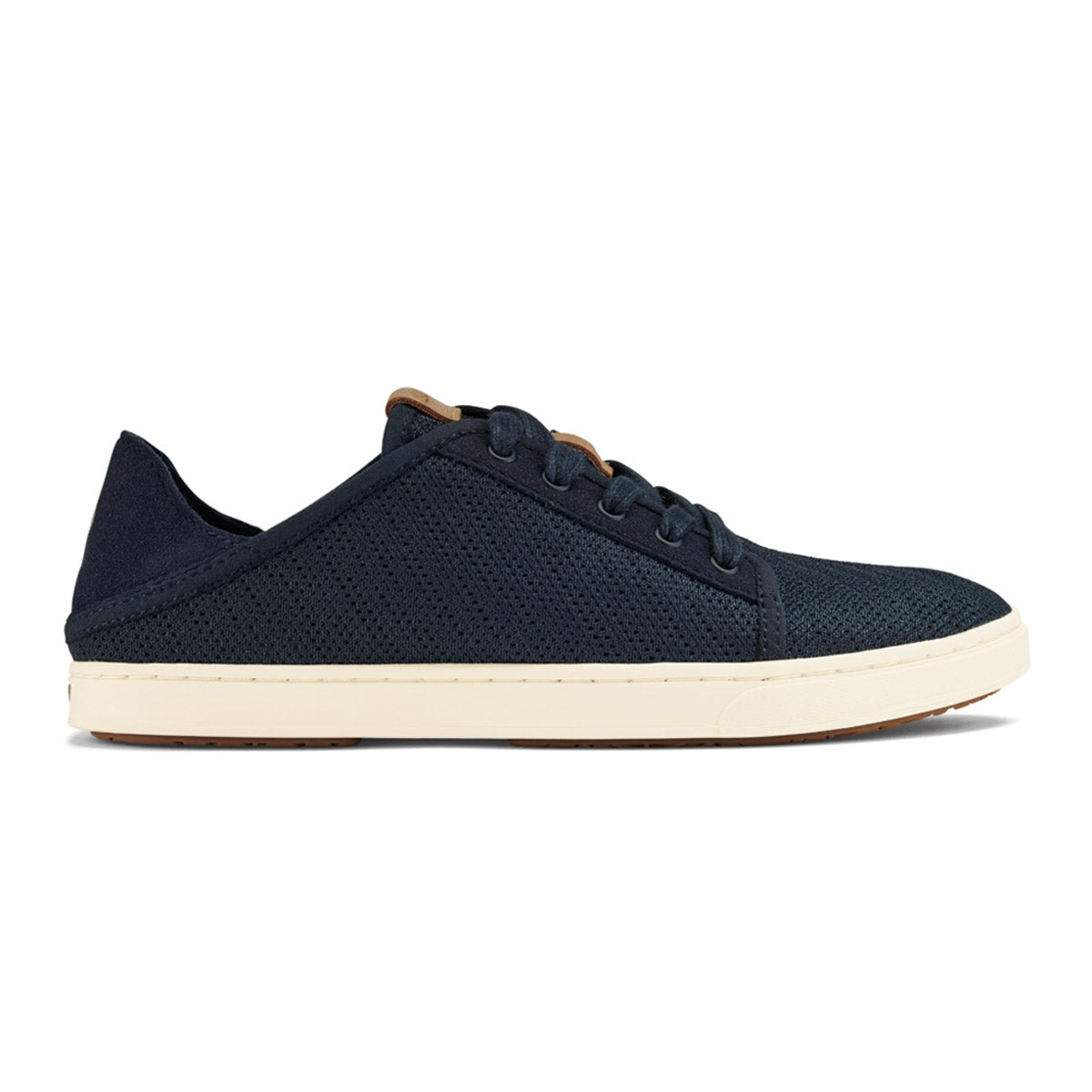 A single Olukai Pehuea Li Trench Blue sneaker with perforated detailing and a non-marking rubber outsole, shown against a white background.