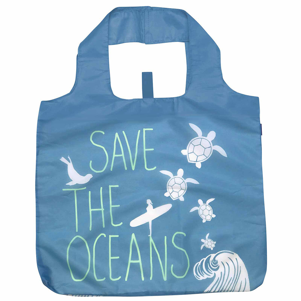 Rockflowerpaper&#39;s BLU BAG SAVE THE OCEANS, featuring illustrations of sea turtles, a dolphin, and a whale.
