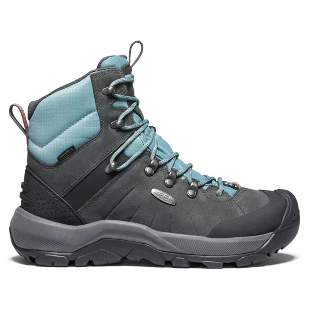 A single sturdy hiking boot with gray and black tones, featuring blue laces and a light blue trim, designed by Keen and equipped with KEEN.DRY waterproof technology, the KEEN REVEL IV MID POLAR MAGNET/NORTH ATLANTIC - WOMENS.