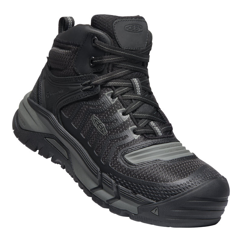 Black high-top hiking boot with laces, featuring a textured sole, visible branding, and KEEN.DRY technology. This sentence can be rewritten as: 

Black high-top hiking boot with laces, featuring a textured sole, visible branding, and KEEN.DRY technology.