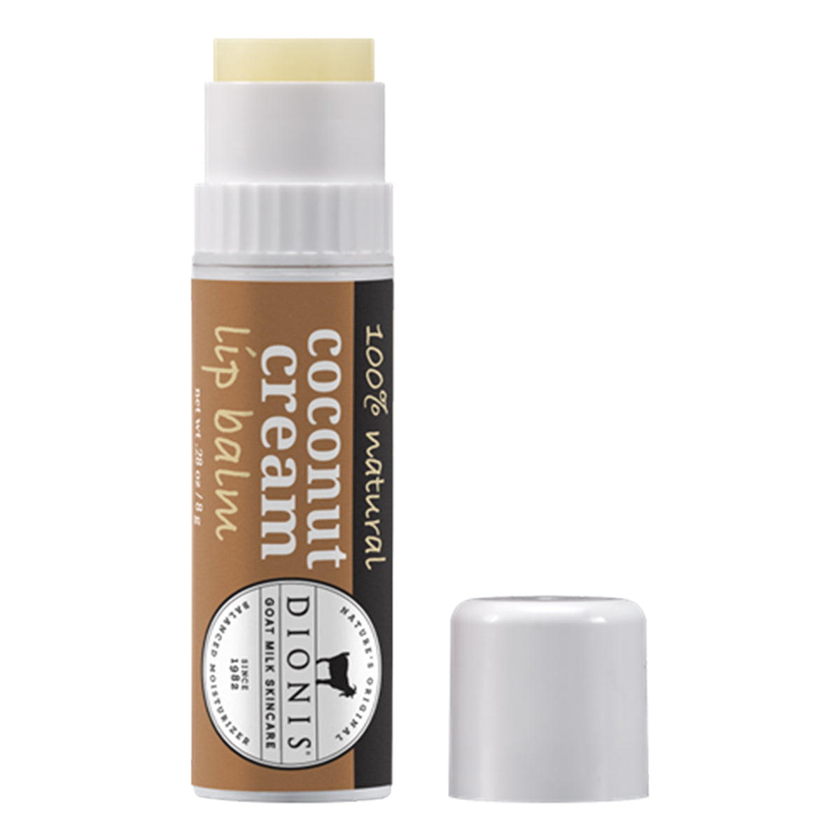A tube of Dionis Creamy Coconut lip balm with its cap removed, displayed against a white background.