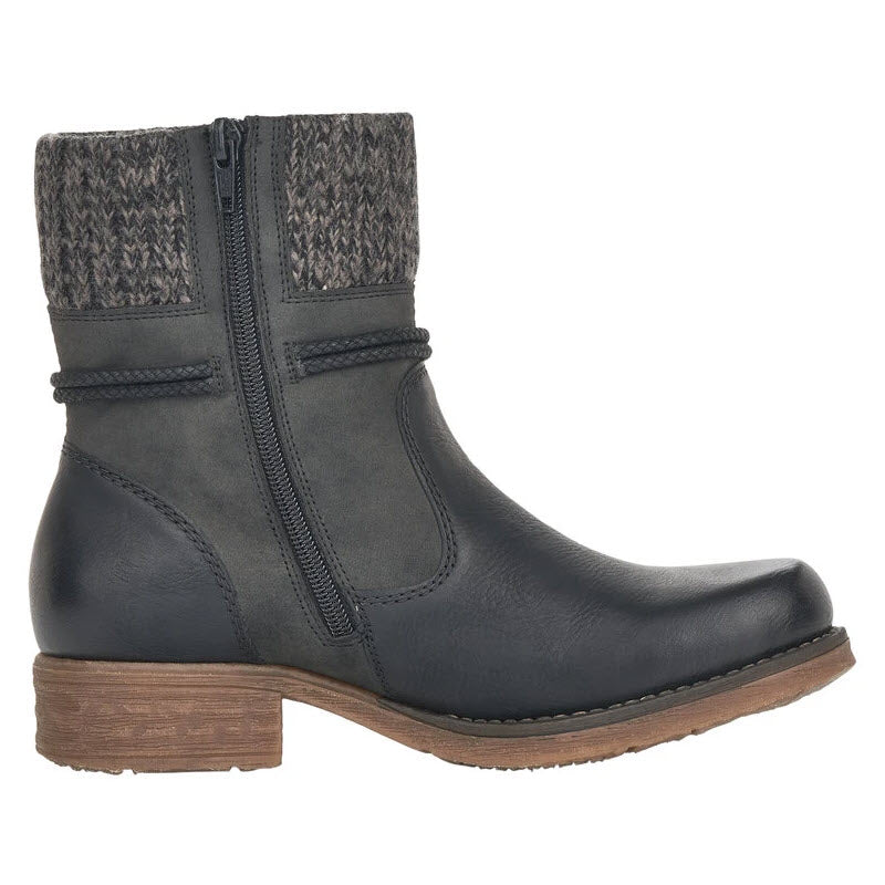 A black Rieker Wool Lined Cuff Bootie with tie, with a textured upper panel, side zipper, and waterproof membrane.